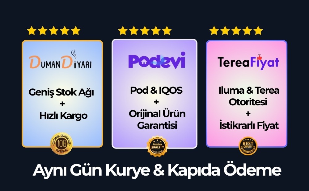 Duman Diyarı, Pod Evi ve Terea Fiyat sitelerinin stok, teslimat ve güven kriterlerine göre karşılaştırmalı analiz tablosu.